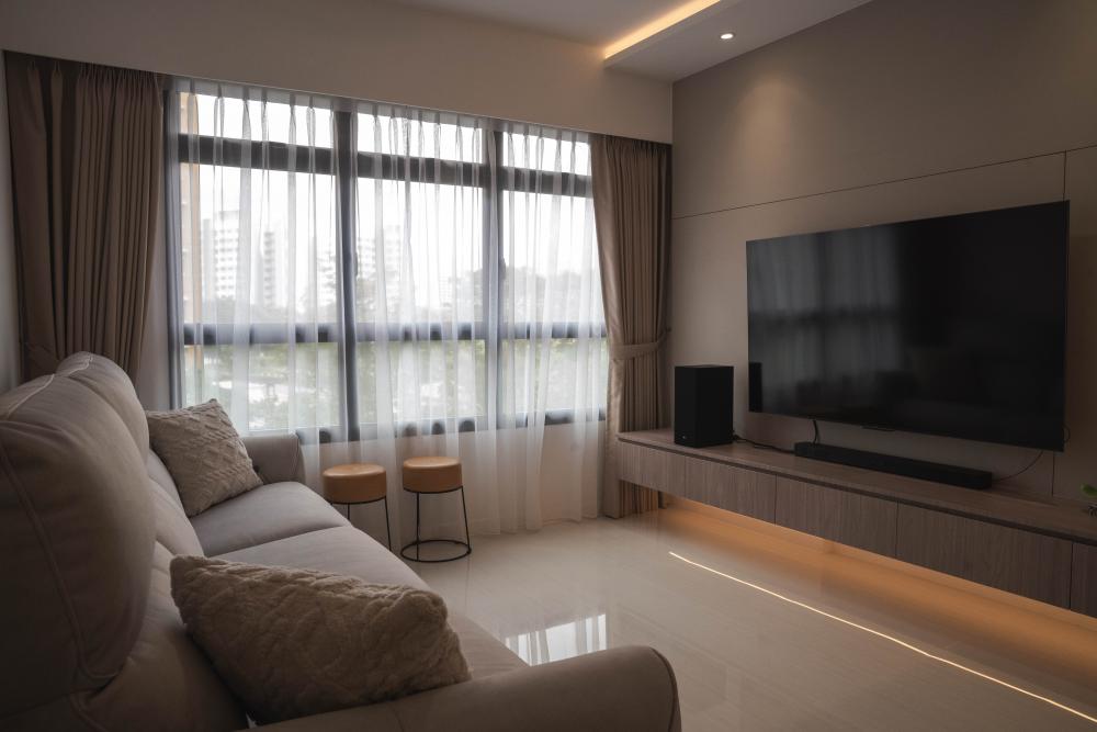 Modern Living Room with Bookshelf and Countertop