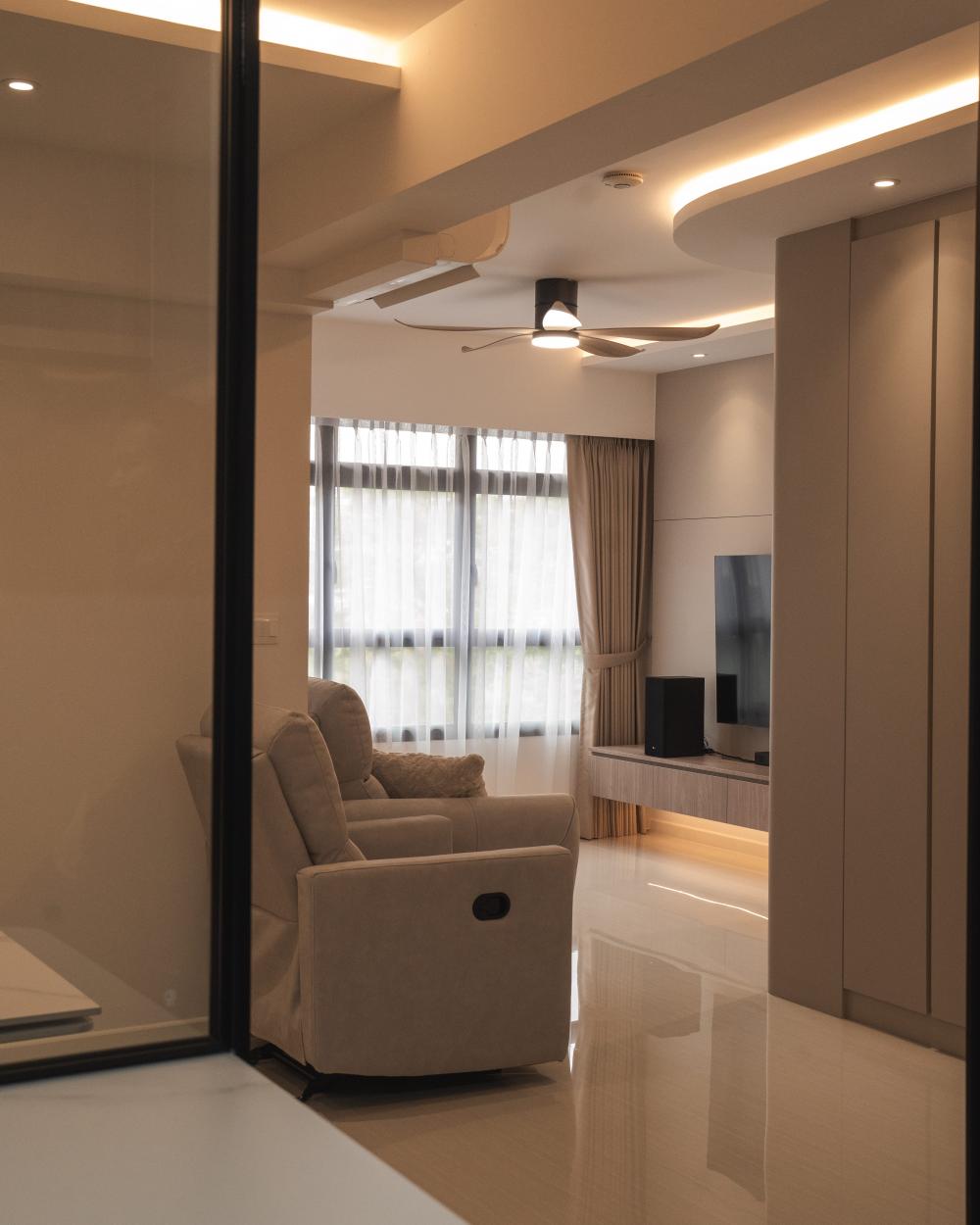 Modern Living Room with Bookshelf and Countertop