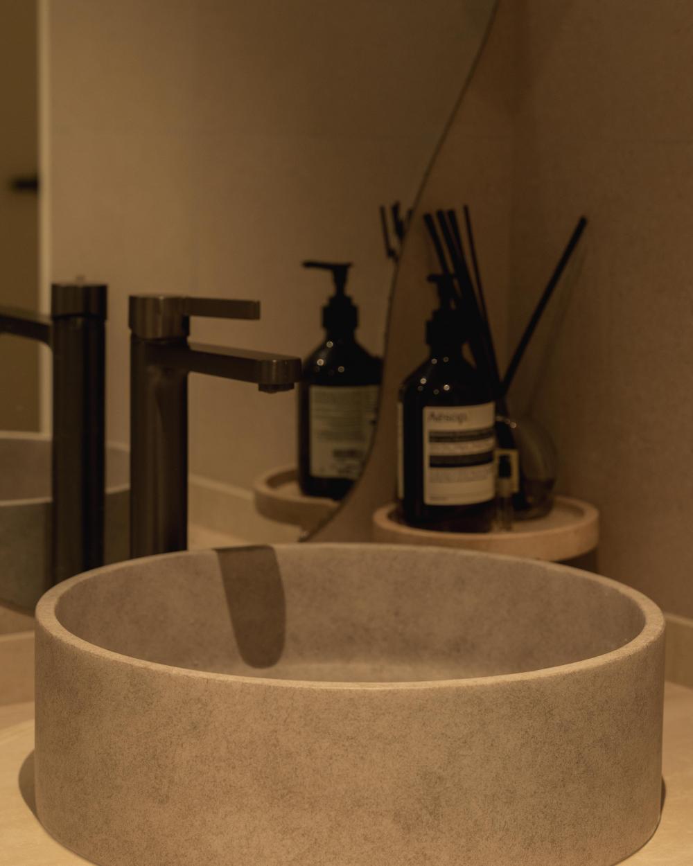 Scandinavian Bathroom with Countertop and Herringbone Tiling