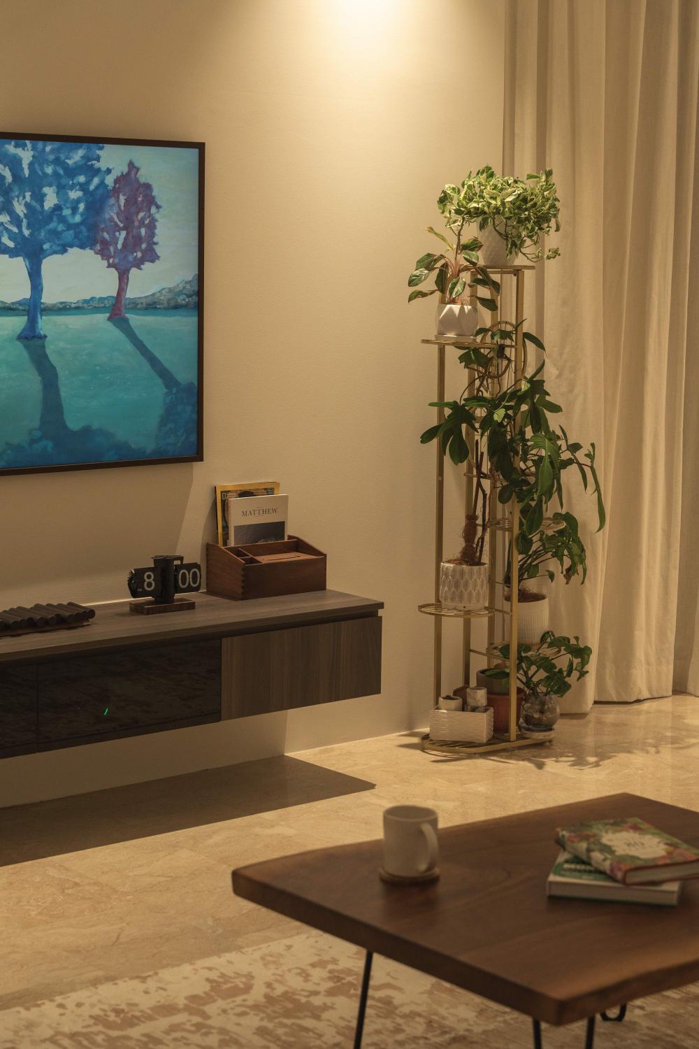 Scandinavian Living Room with Herringbone Tiling and Cement Floor