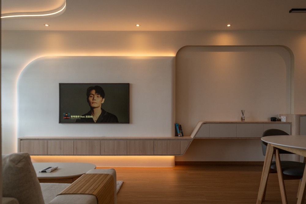Minimalist Living Room with Wood Flooring and TV Console
