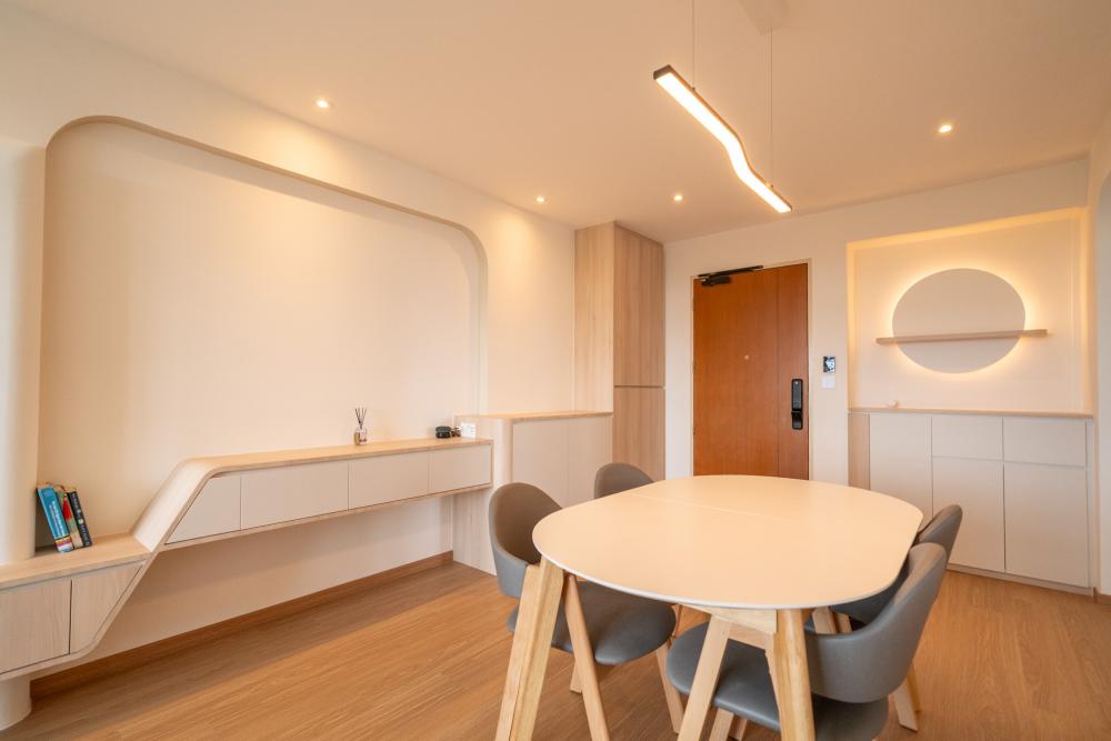 Minimalist Dining Room with Drop Light and Ceiling Light