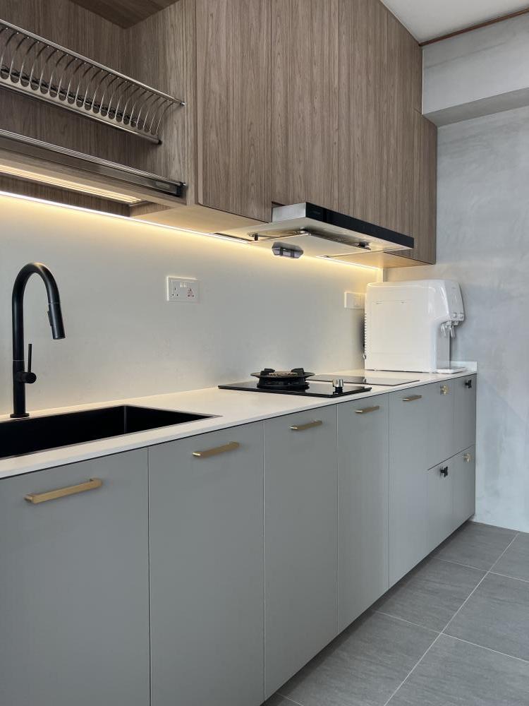 Minimalist Kitchen with Countertop and Homogeneous Tiles