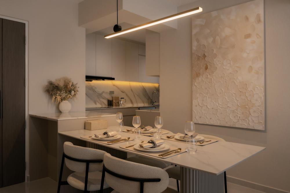 Contemporary Dining Room with Artwork and Dining Table