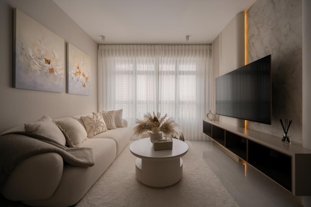 Contemporary Living Room with TV Console and Feature Wall