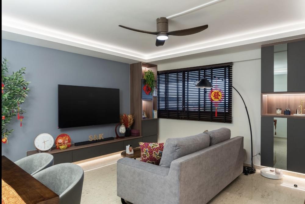 Modern Living Room with Marble Floor and TV Console