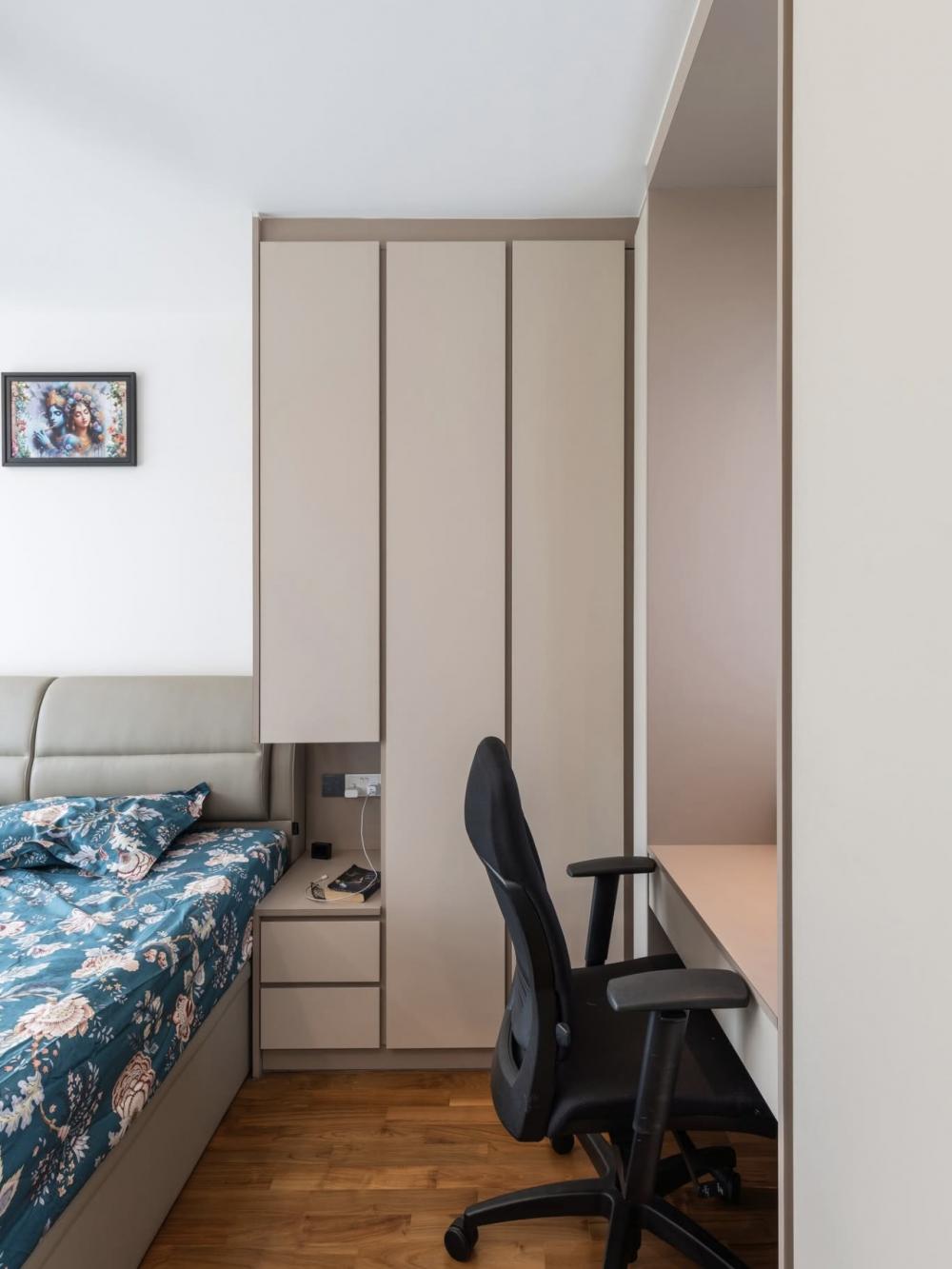 Modern Bedroom with Parquet Floor and Wardrobe