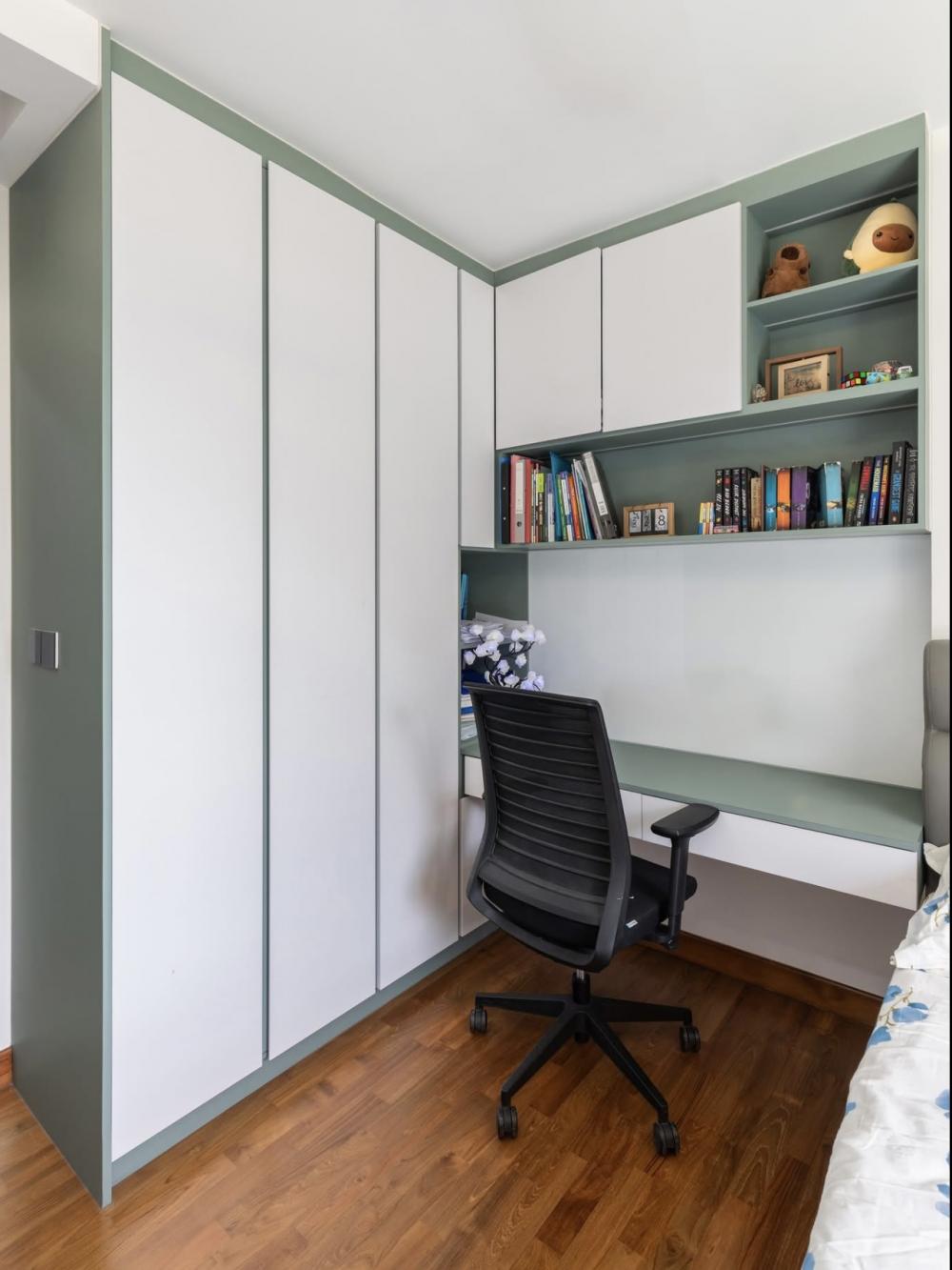 Modern Bedroom with Parquet Floor and Wardrobe