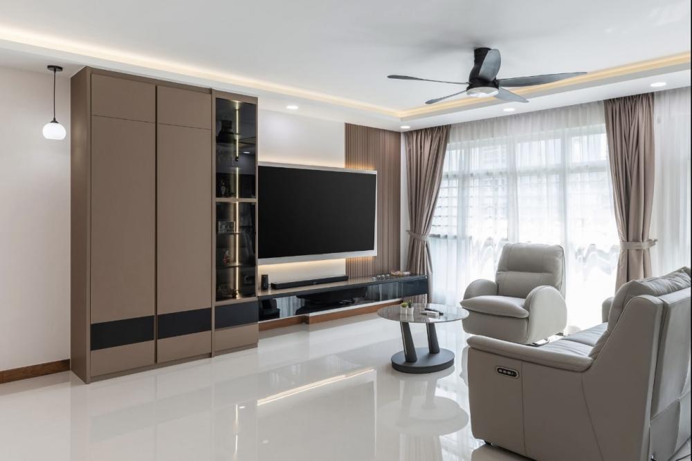 Modern Living Room with Bookshelf and Homogeneous Tiles