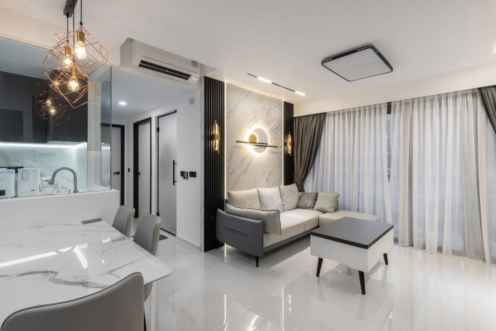 Modern Living Room with Homogeneous Tiles and Marble Floor