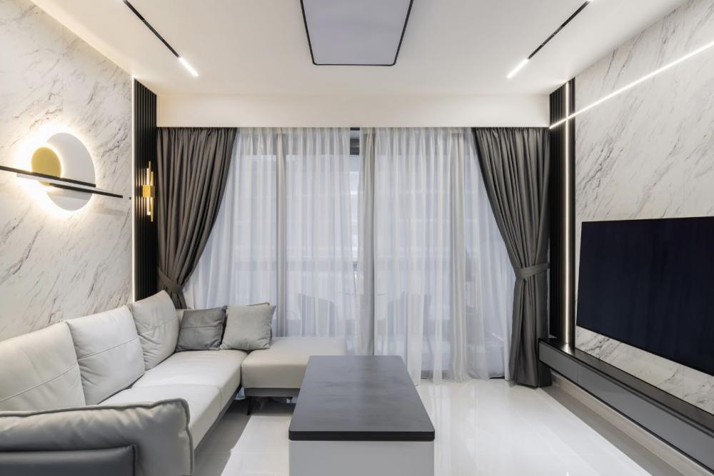 Modern Living Room with Homogeneous Tiles and Marble Floor