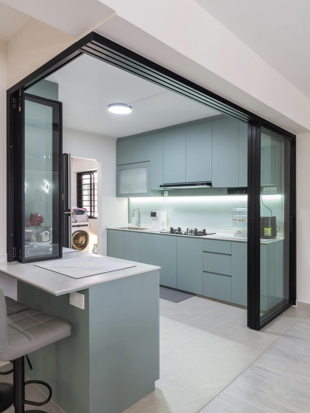 Minimalist Kitchen with Countertop and Homogeneous Tiles