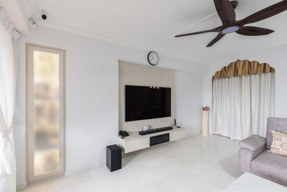 Minimalist Living Room with Marble Floor and TV Console