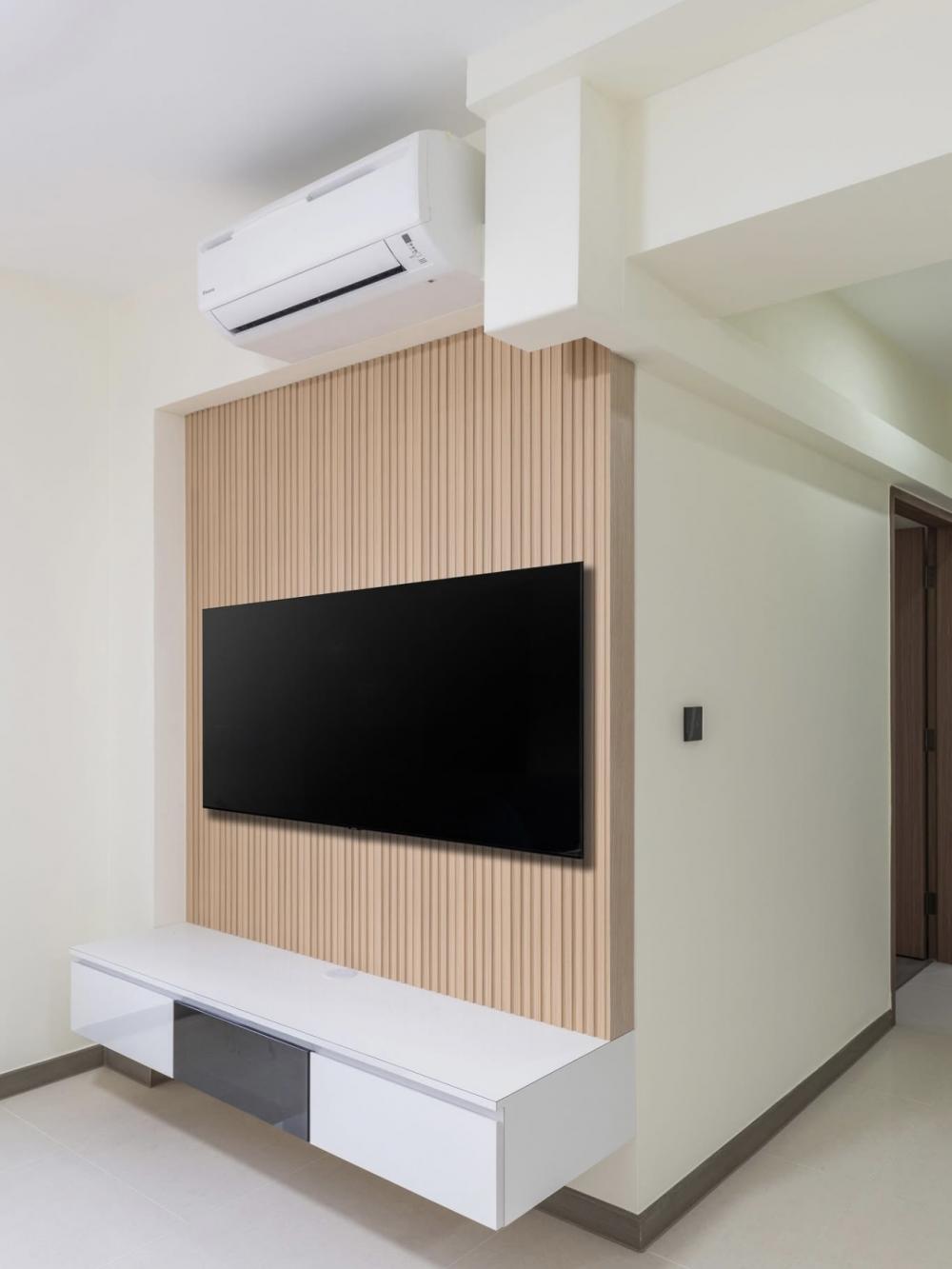Contemporary Living Room with Homogeneous Tiles and TV Console