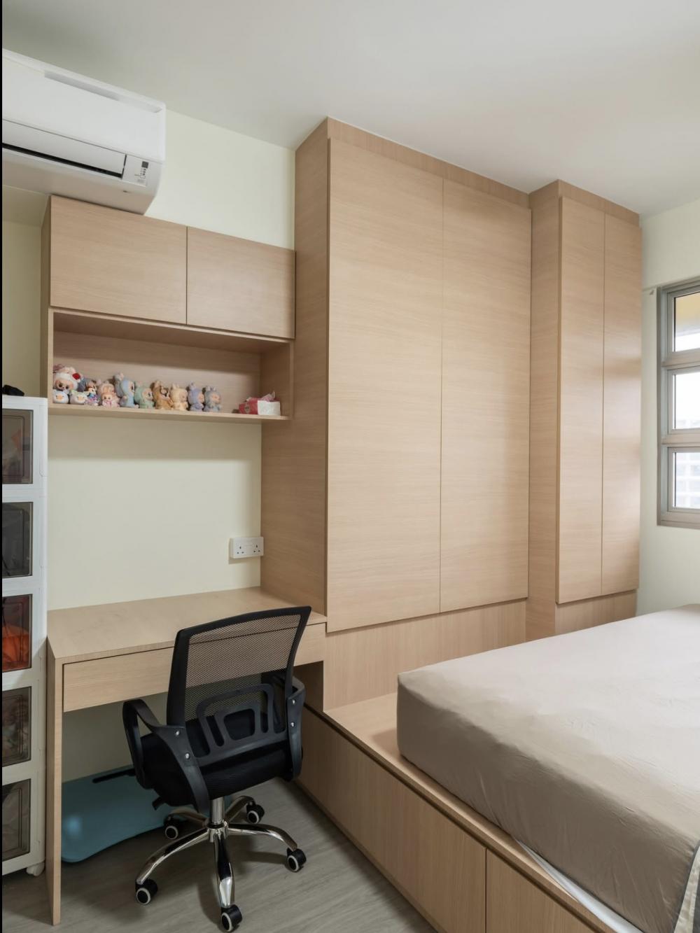 Contemporary Bedroom with Bookshelf and Platform Bed