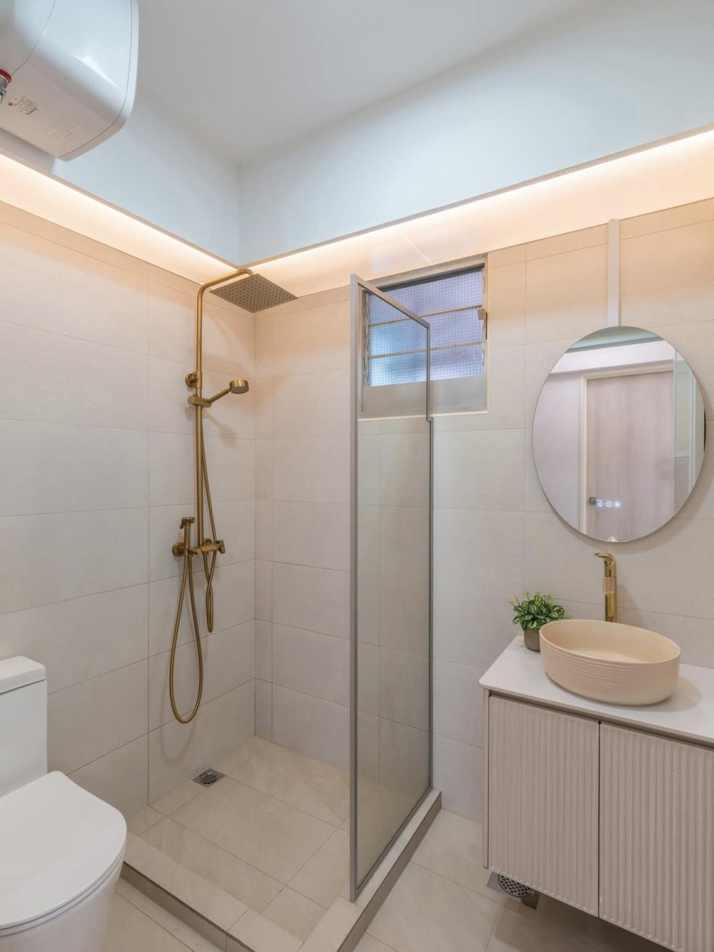 Scandinavian Bathroom with Countertop and Homogeneous Tiles