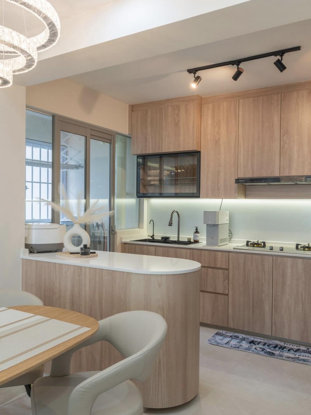Scandinavian Dining Room with Drop Light and Chandelier