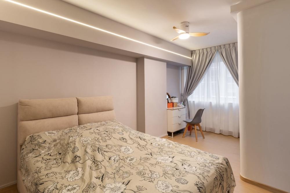 Minimalist Bedroom with Vinyl Flooring and Cove Lighting