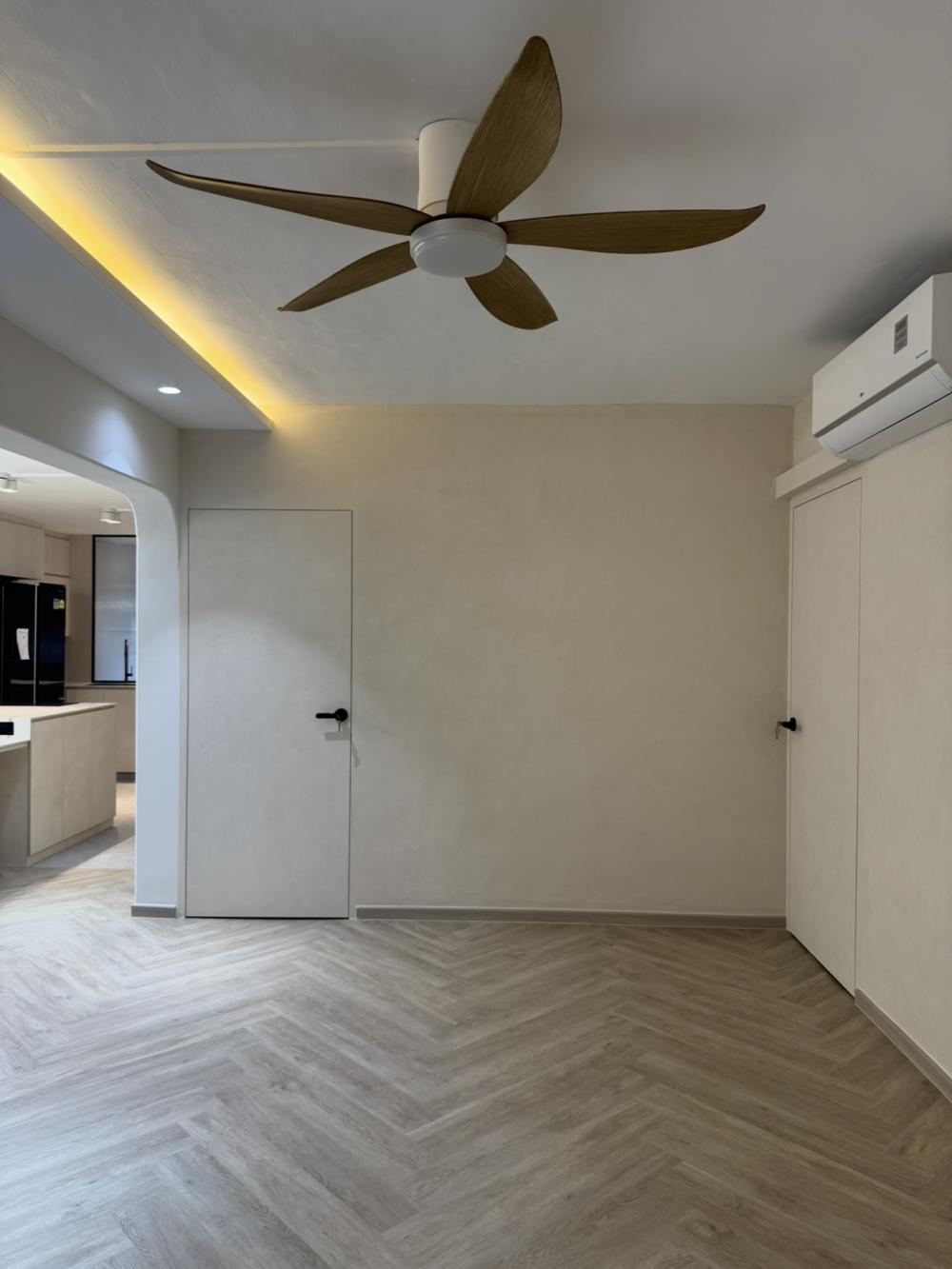 Minimalist Bedroom with Vinyl Flooring and Wood Flooring
