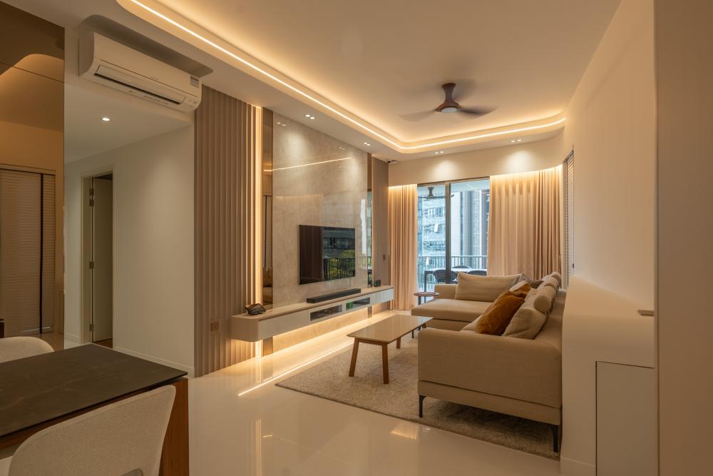 Contemporary Living Room with Homogeneous Tiles and TV Console