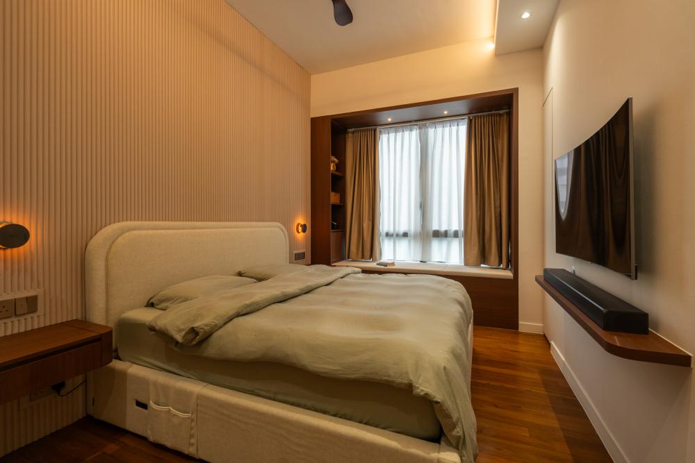Contemporary Bedroom with Wood Flooring and Cove Lighting