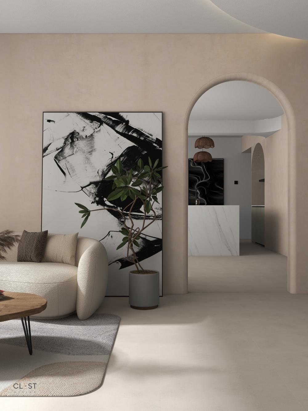 minimalist-living-room-with-homogeneous-tiles-and-mirror