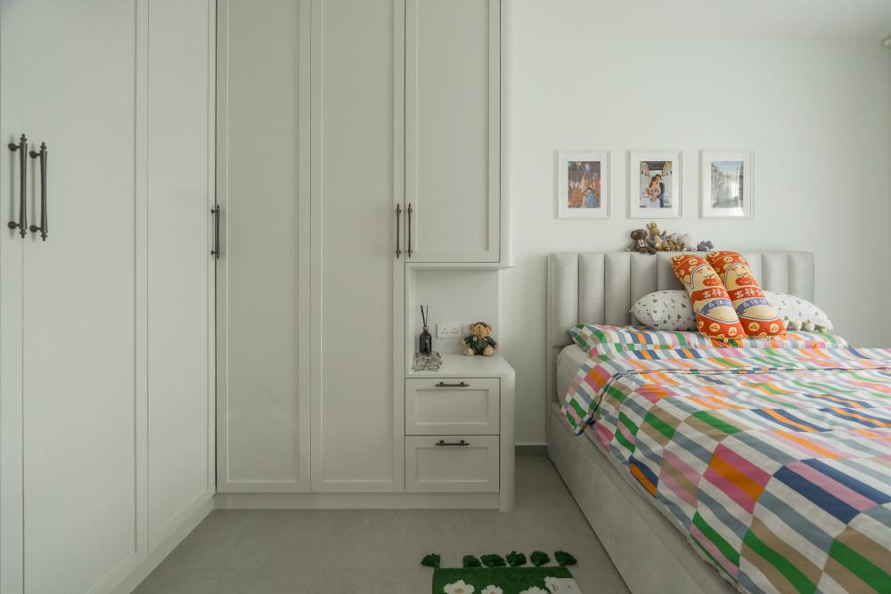 Eclectic Bedroom with Wood Flooring and Bay Window
