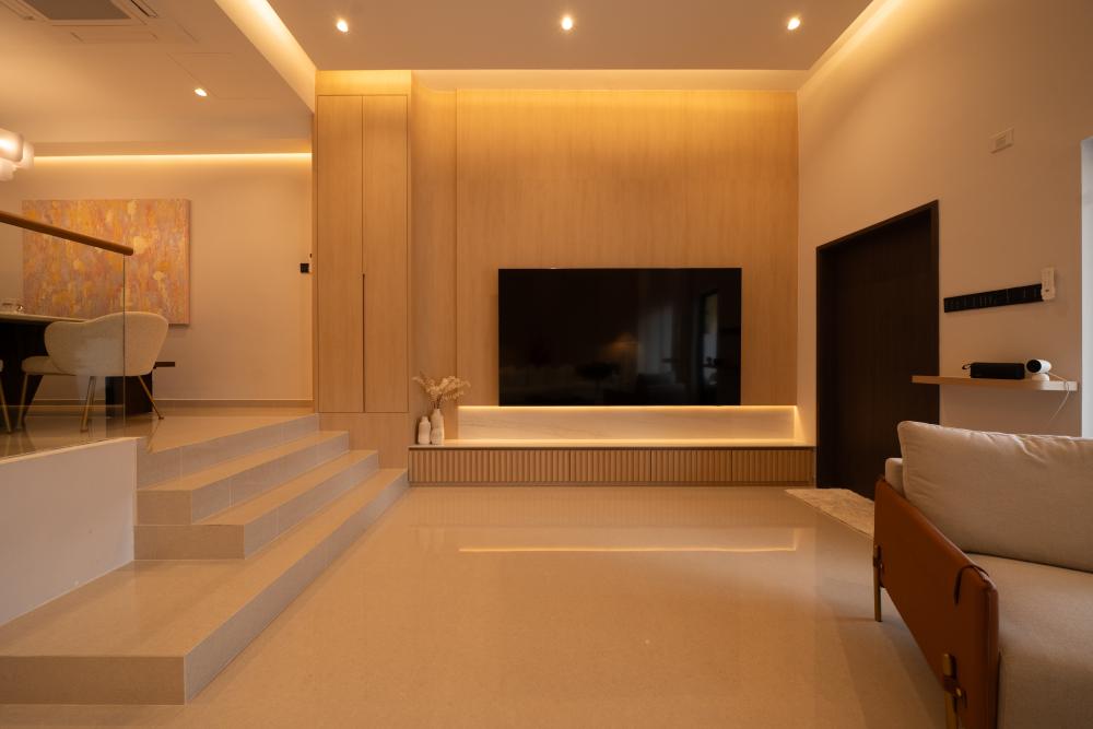 Scandinavian Living Room with TV Console and Feature Wall