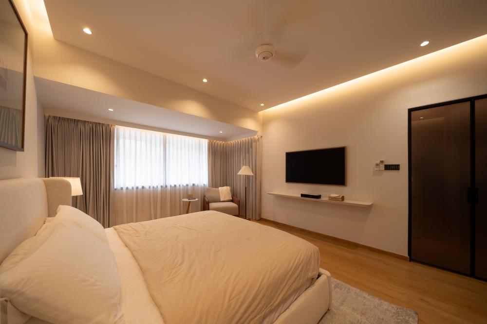Scandinavian Bedroom with Drop Ceiling and Queen Bed