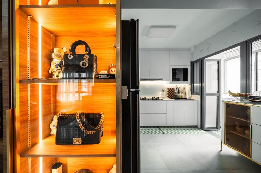 Contemporary Living Room with Display Cabinets and Lighting