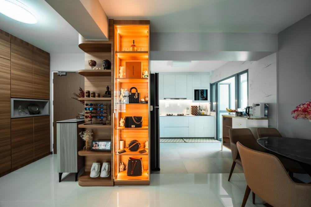 Contemporary Living Room with Feature Wall and Kitchen Backsplash