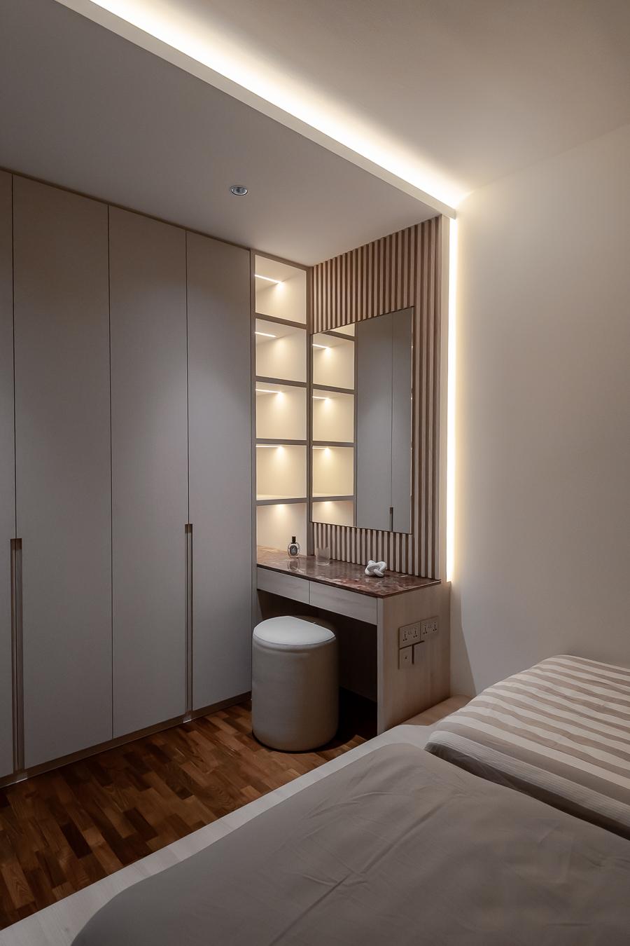 Modern Bedroom with Parquet Floor and Cove Lighting