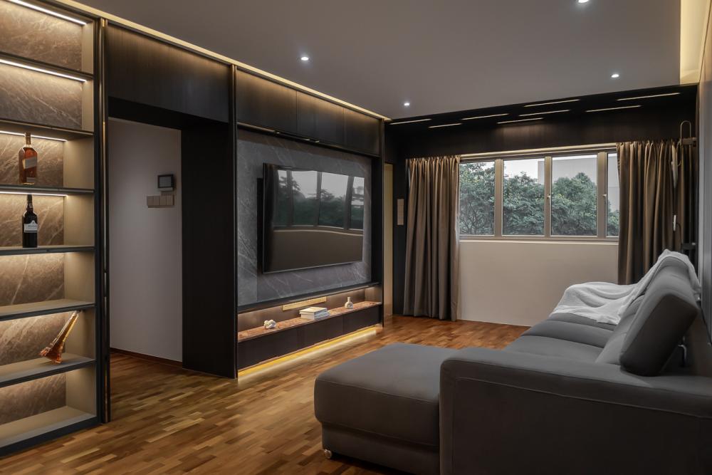 Modern Living Room with Parquet Floor and TV Console