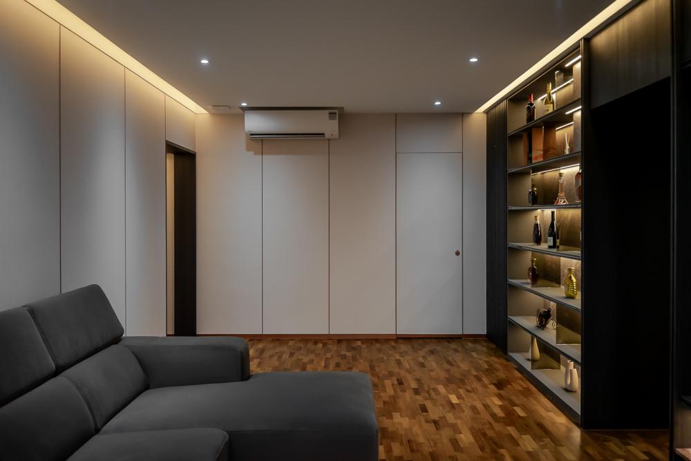 Modern Living Room with Parquet Floor and Feature Wall