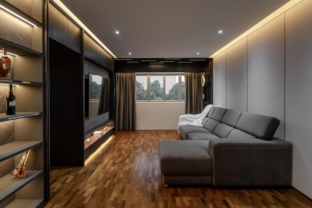 Modern Living Room with Parquet Floor and TV Console