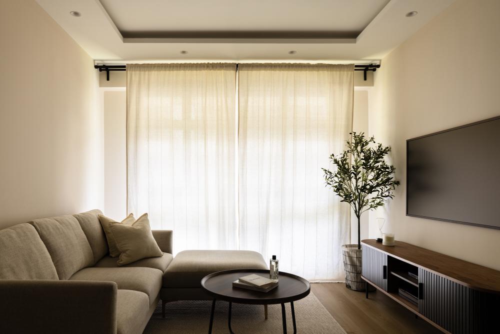 Minimalist Living Room with TV Console and Cove Lighting
