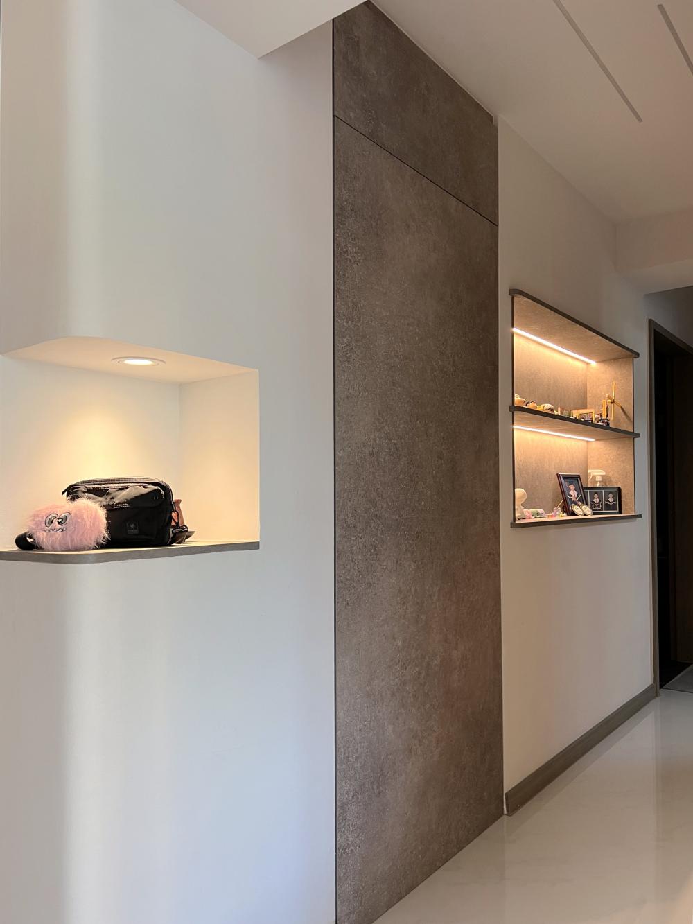Modern Hallway with Artwork and Wall Shelves