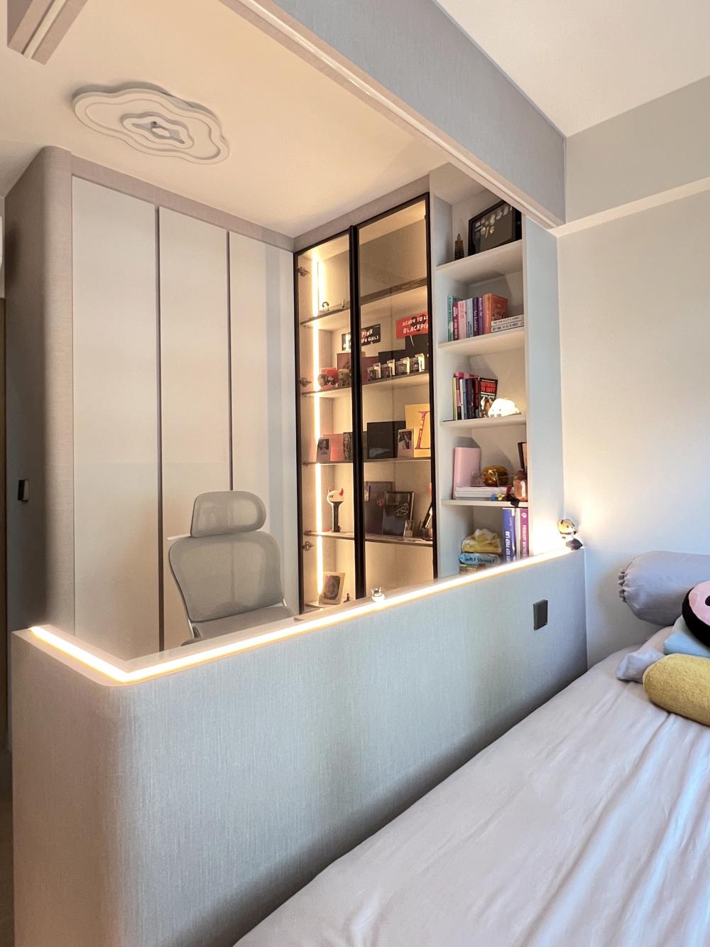 Modern Bedroom with Bookshelf and Platform Bed