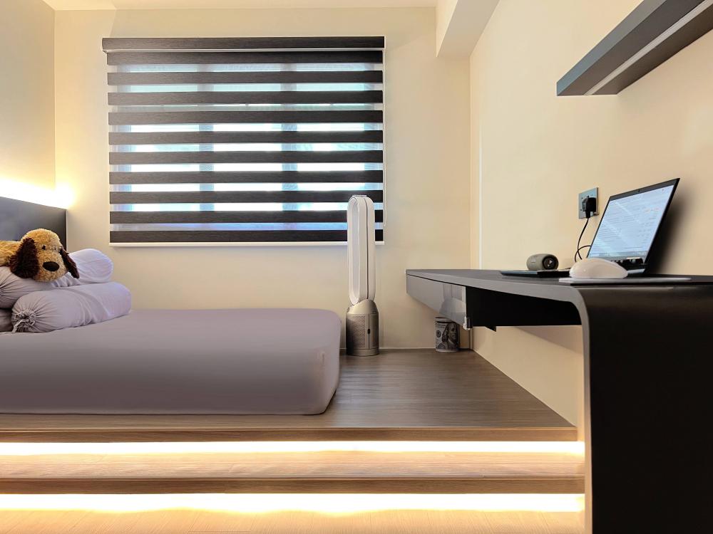 Modern Bedroom with Platform Bed and Roller Blinds