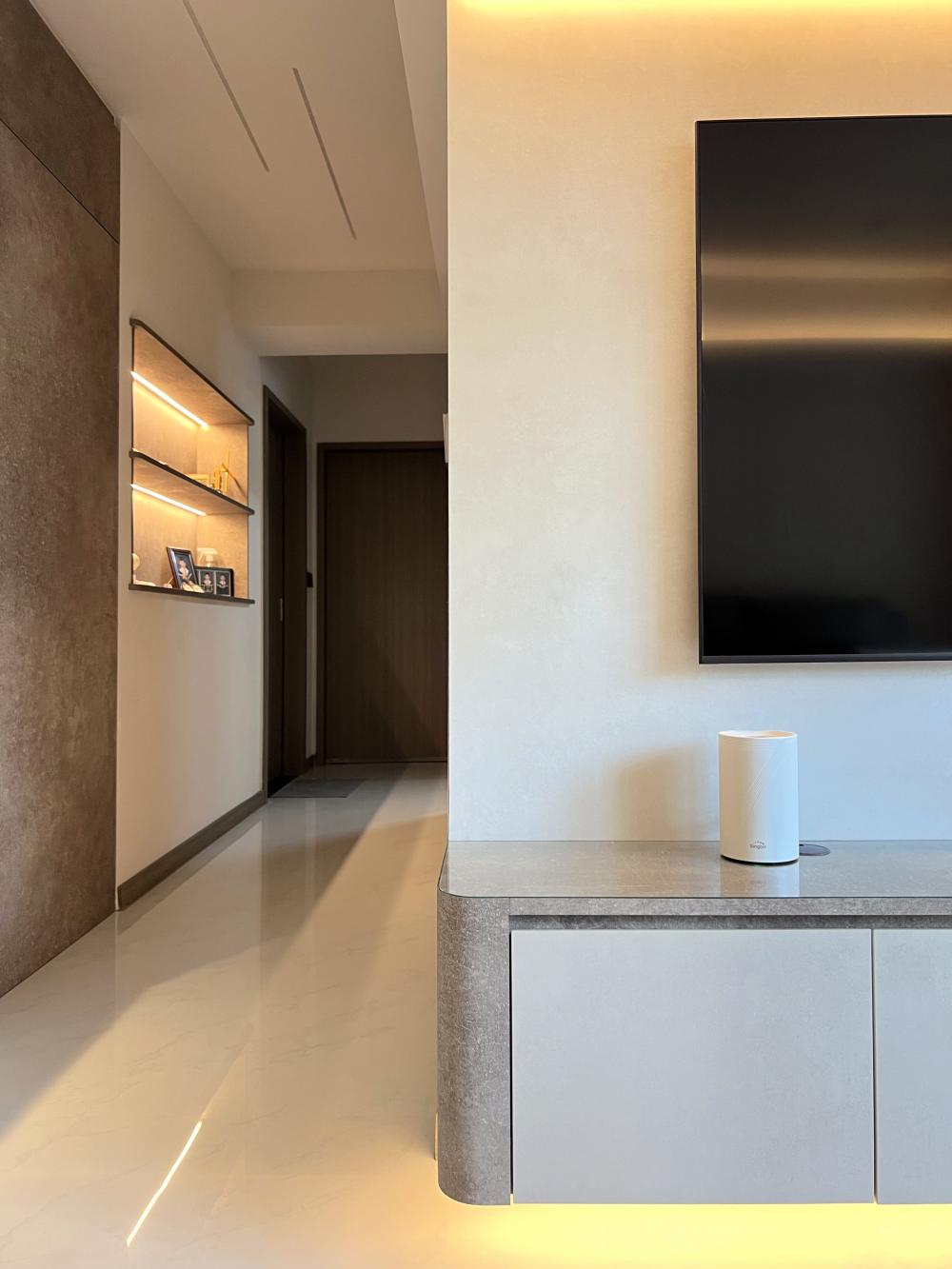 Modern Hallway with TV Console and Display Cabinets