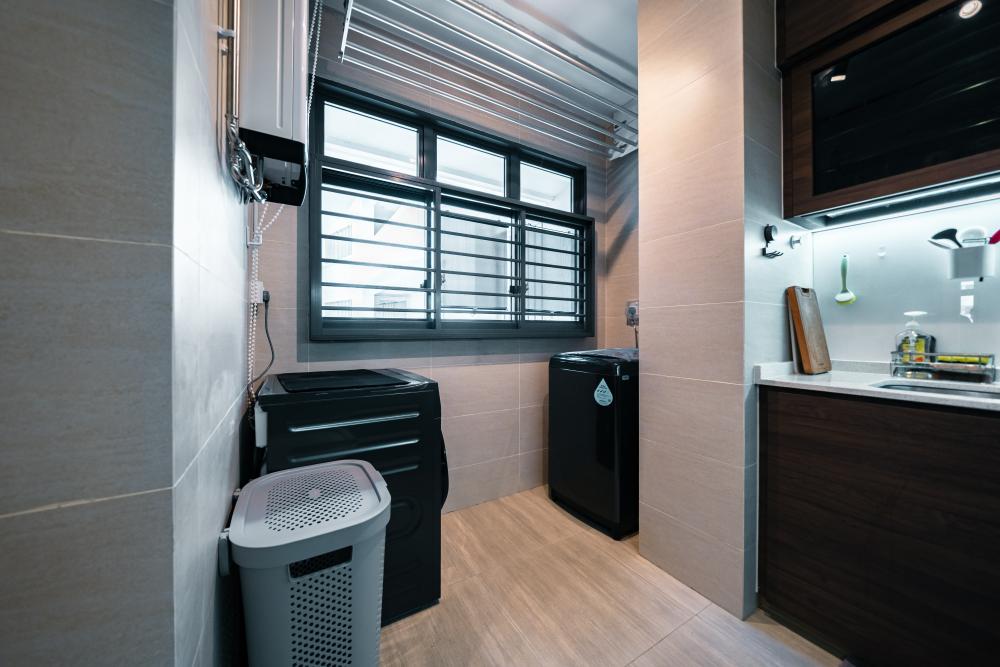 Modern Balcony with Kitchen Window and Washing Machine