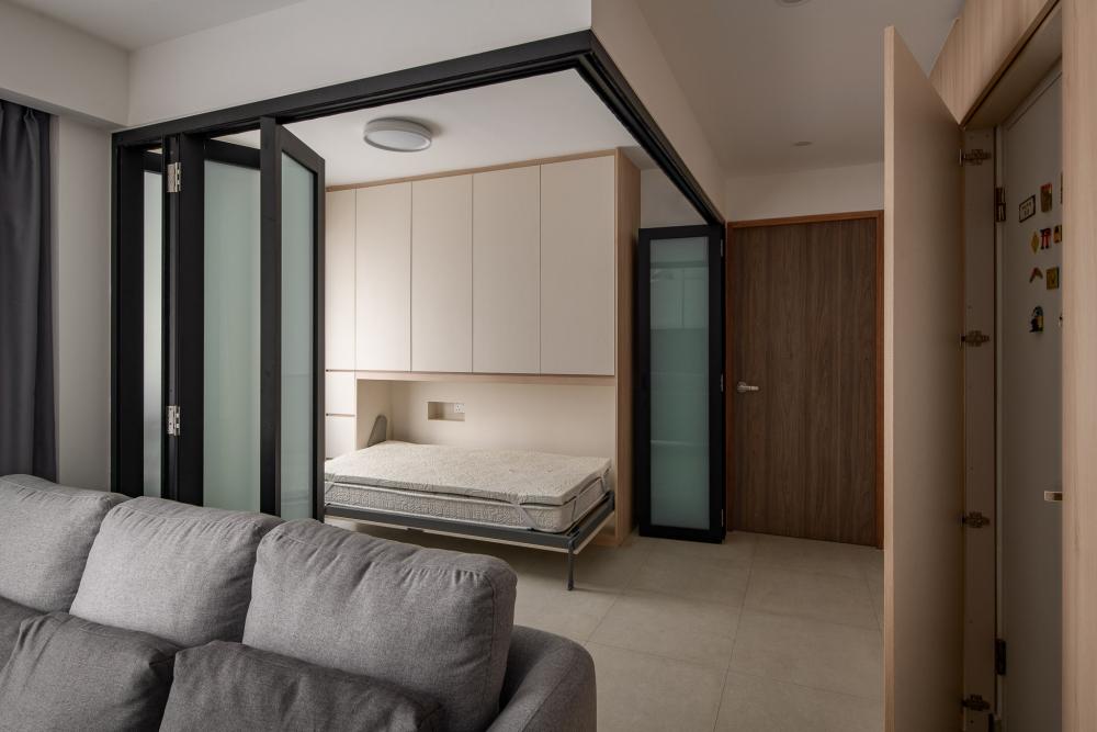 Modern Living Room with Glass Door and Storage Cabinets