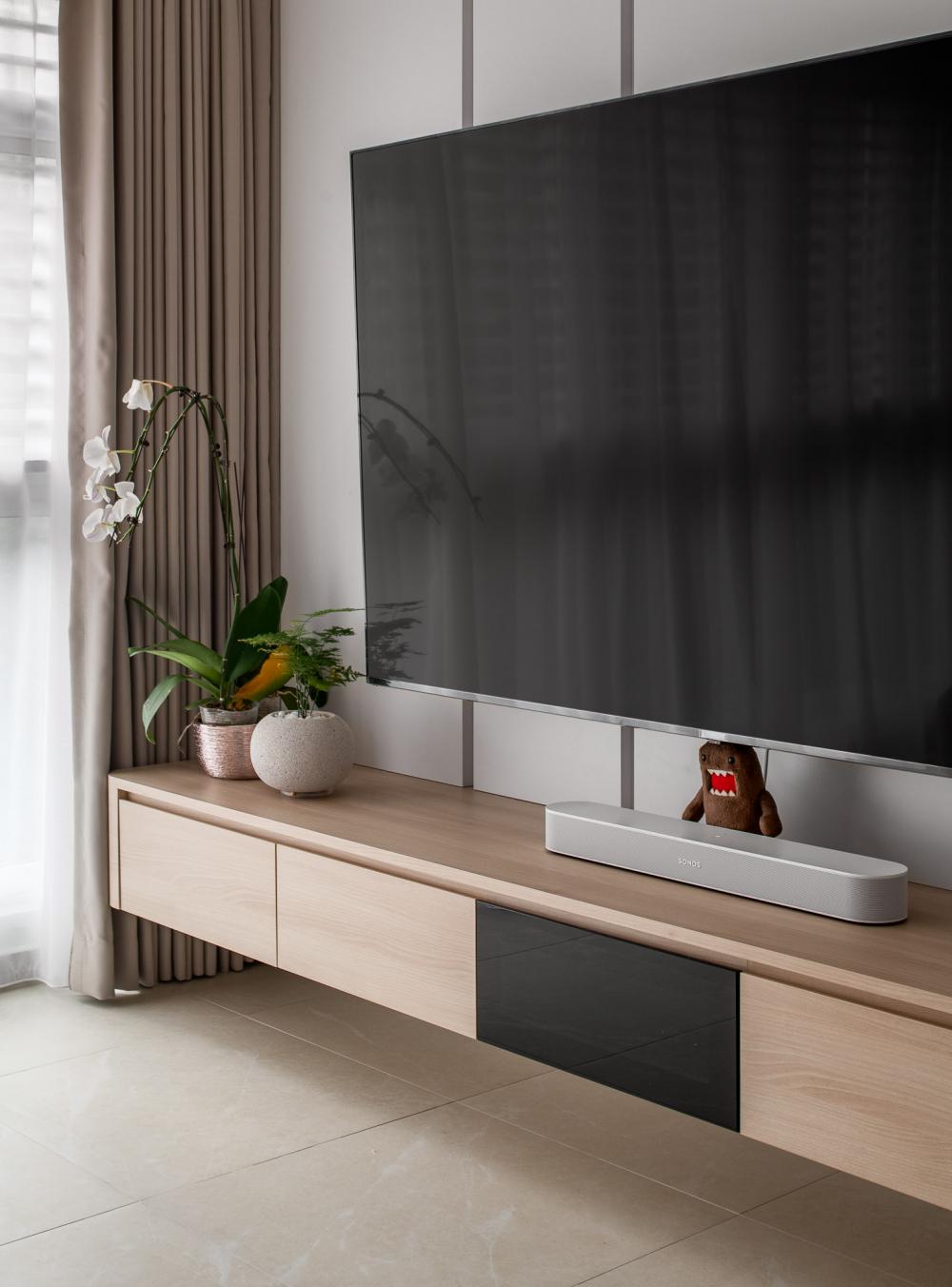Scandinavian Living Room with TV Console and Feature Wall