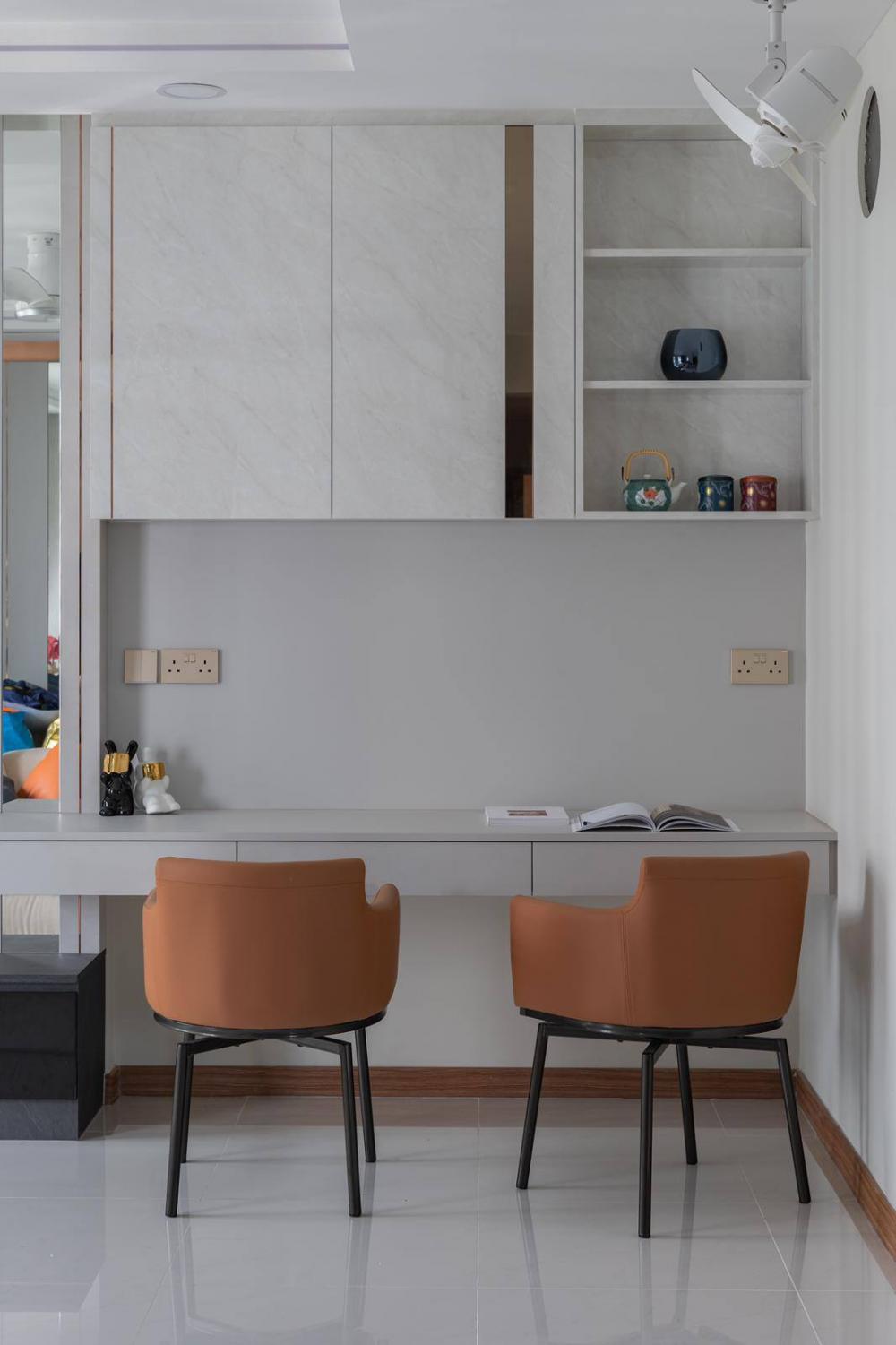 Modern Living Room with Desk Chairs and Storage Cabinets