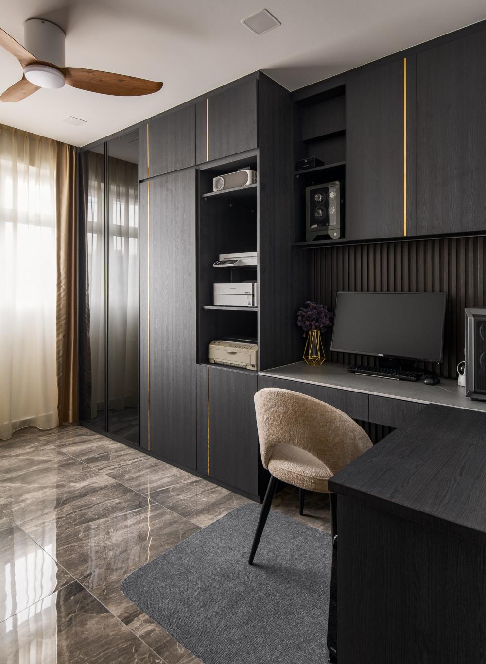 Modern Study with Ceiling Fan and Desk Chairs