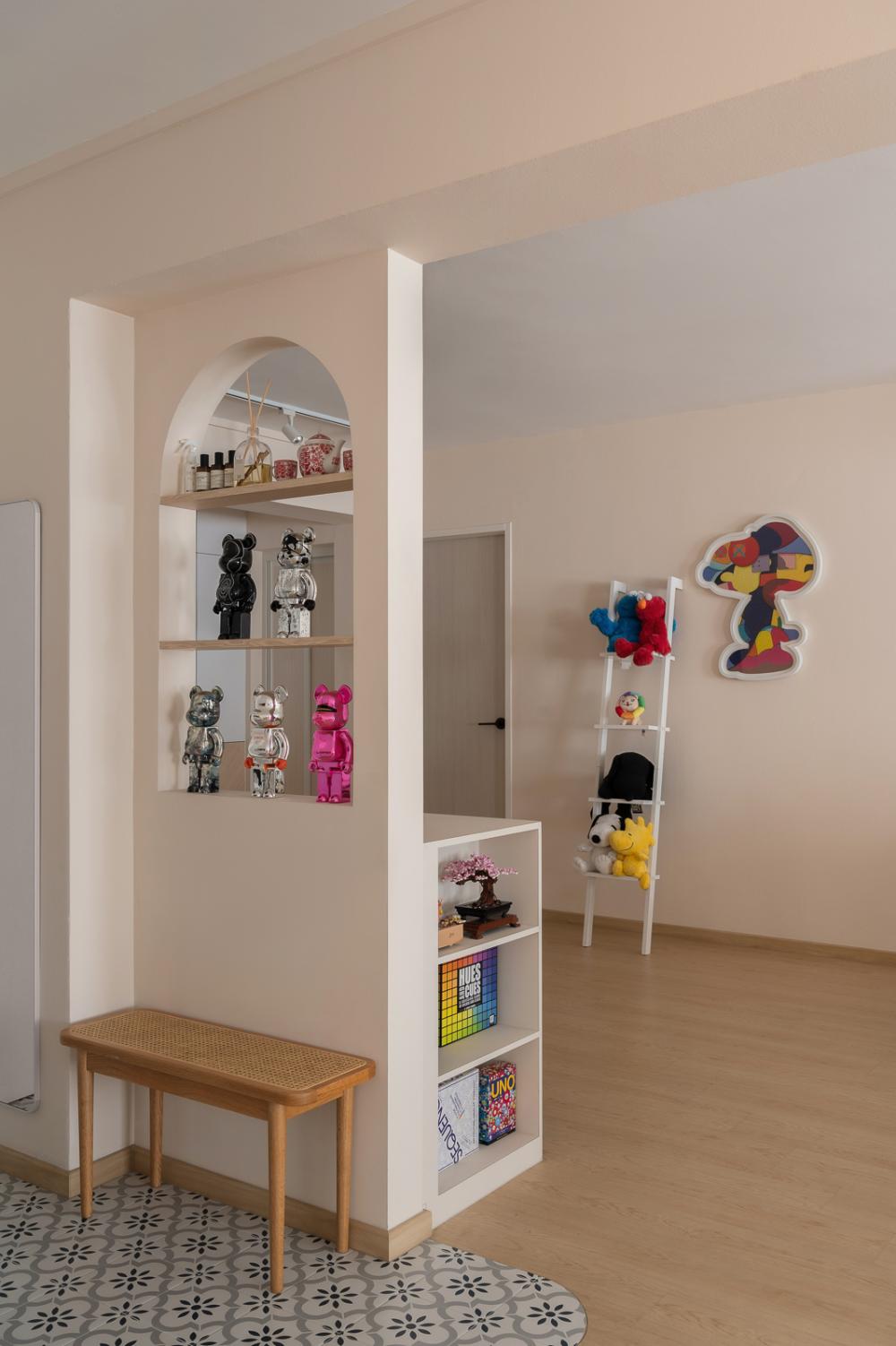 Scandinavian Entryway with Artwork and Seating Bench