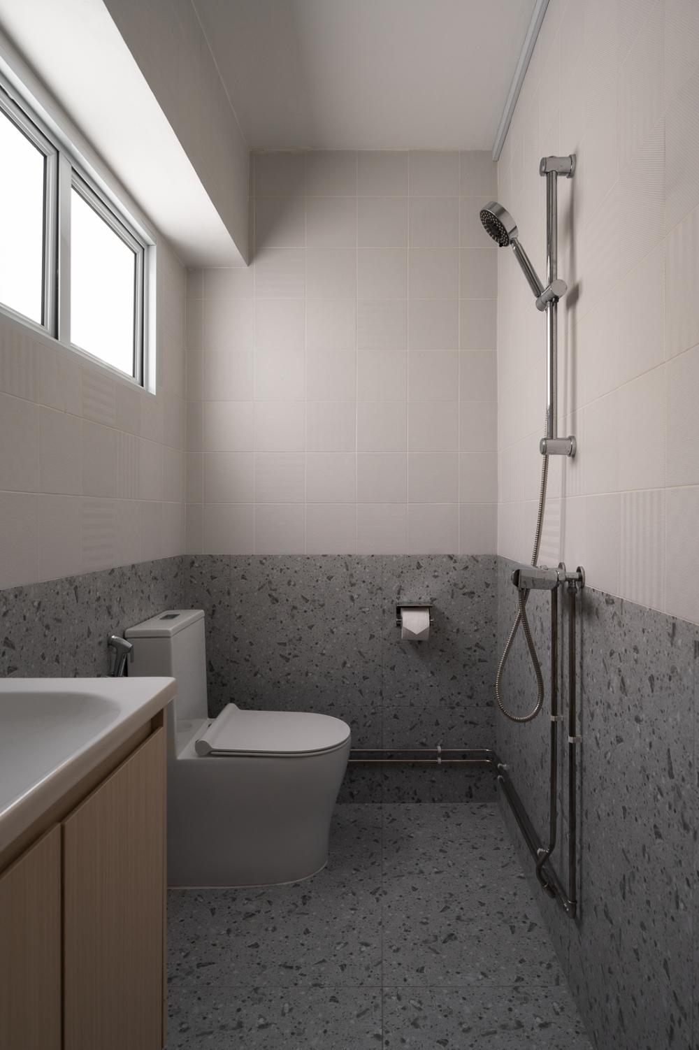 Scandinavian Bathroom with Homogeneous Tiles and Bathroom Storage