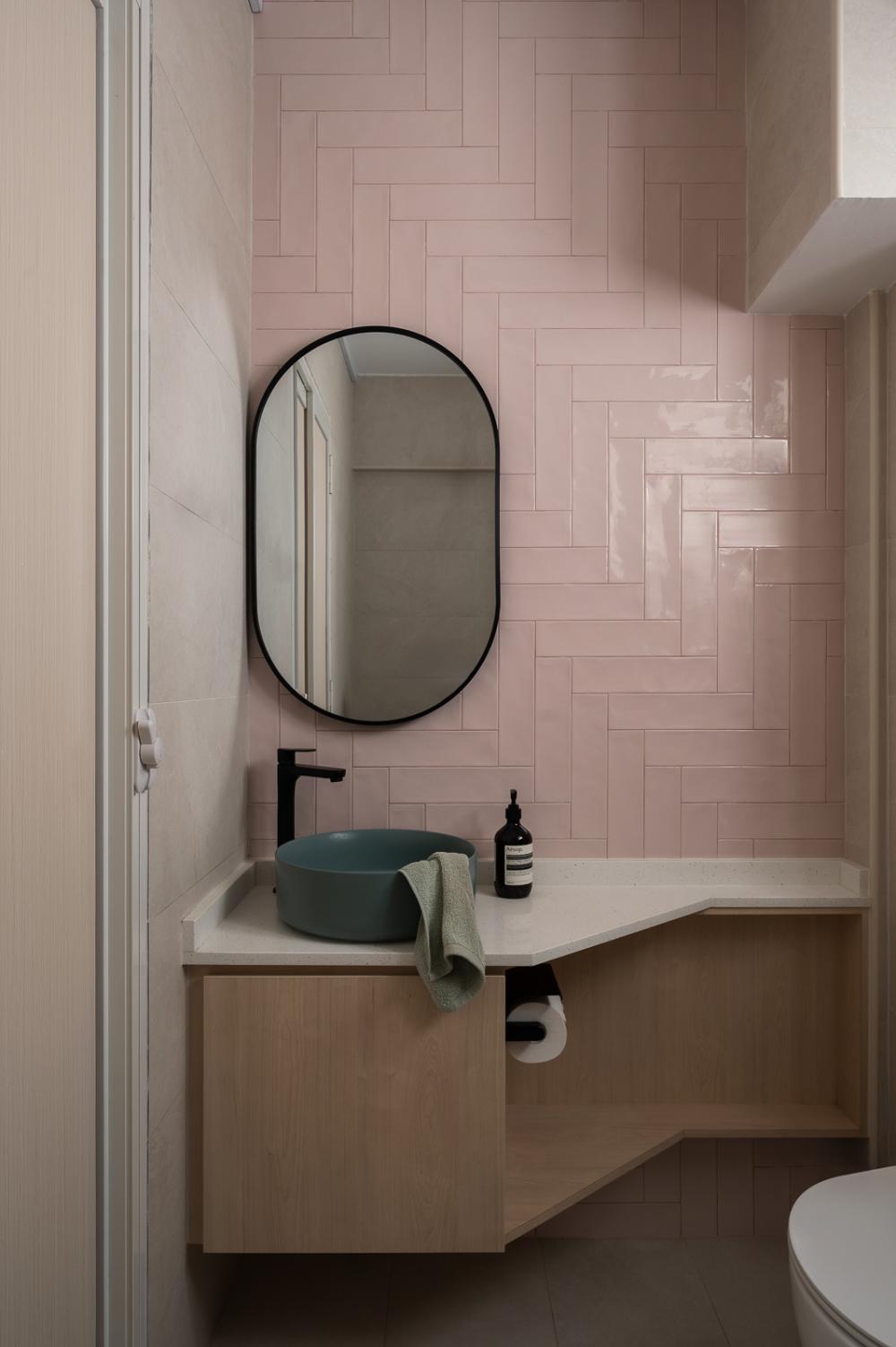 Scandinavian Bathroom with Countertop and Herringbone Tiling