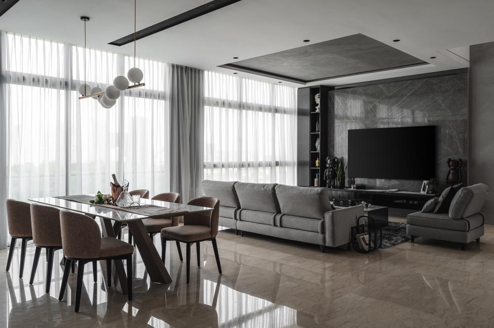 Modern Living Room with Marble Floor and TV Console