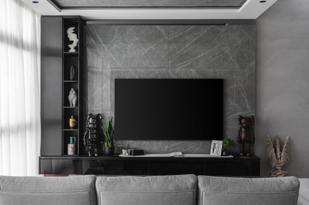 Modern Living Room with Homogeneous Tiles and TV Console
